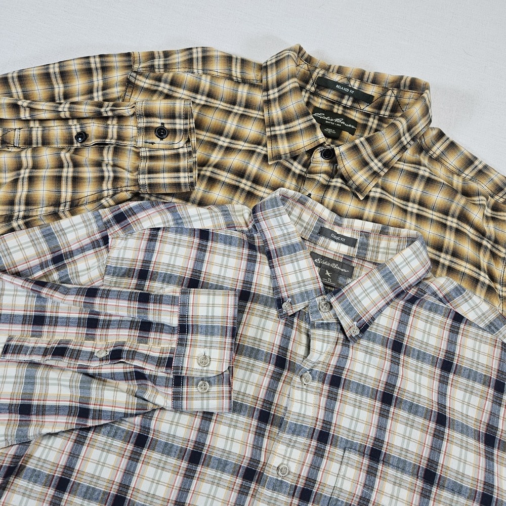 Eddie‎ Bauer Men TL Blue Plaid Yellow Plaid Long Sleeve Shirts Lot of 2 Cowboy